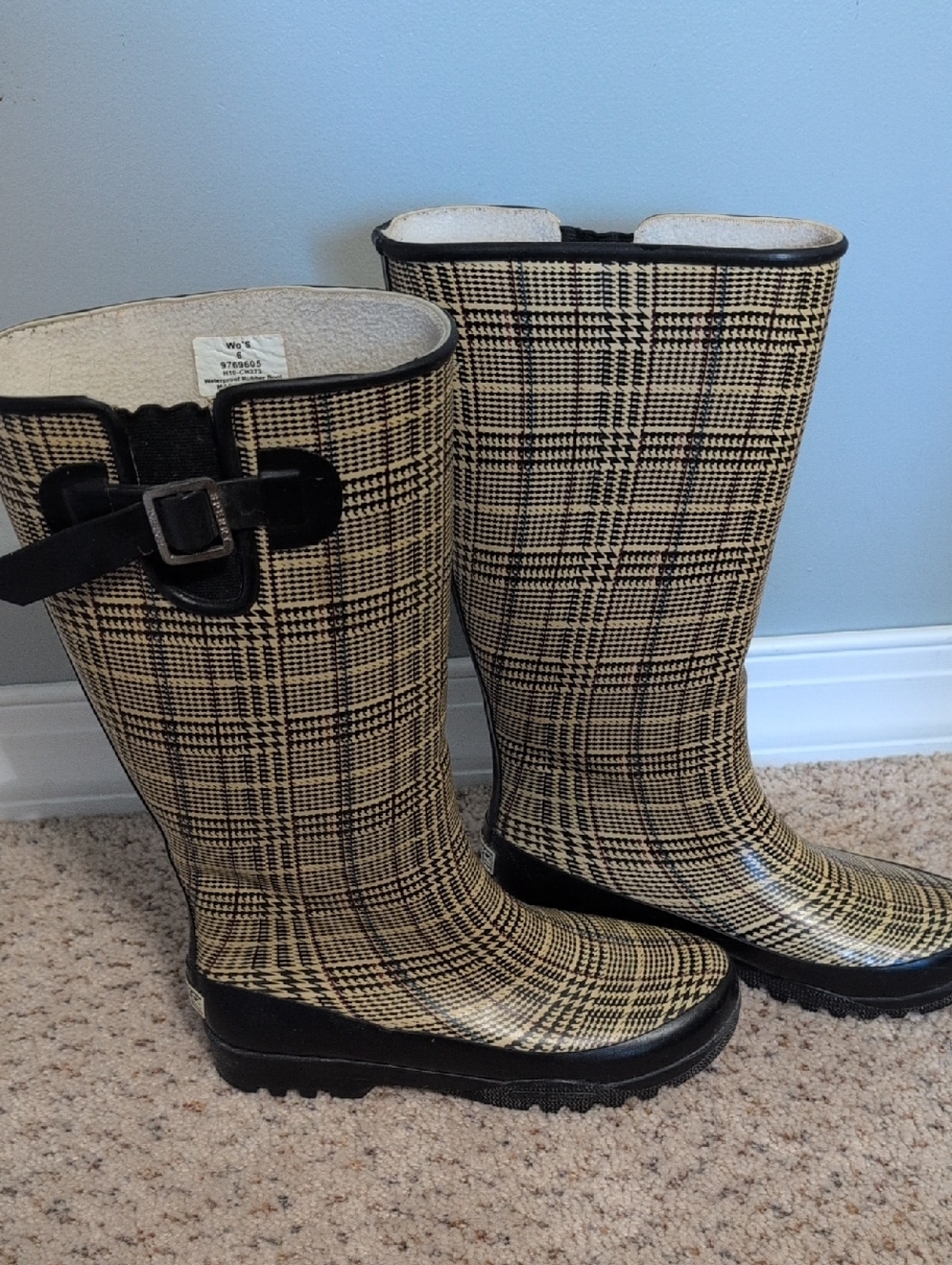 Sperry Black & Cream Plaid Waterproof Rain Boots with Buckle